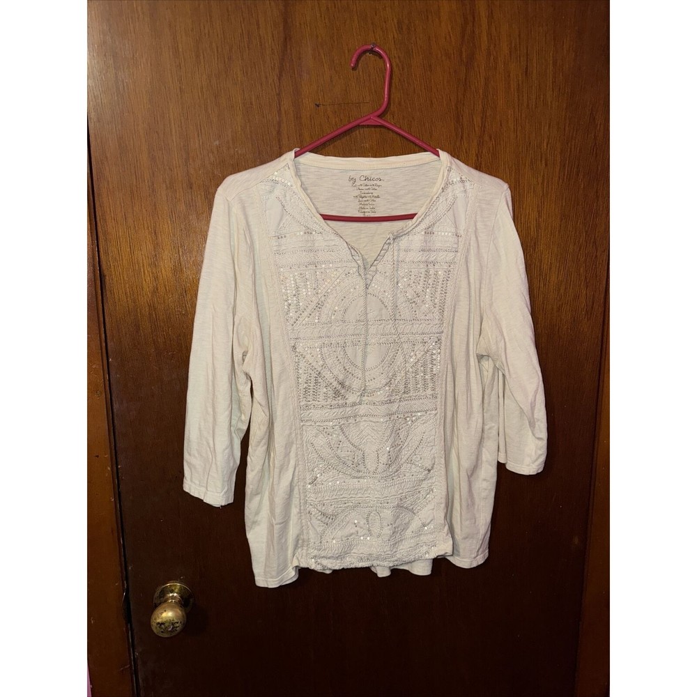 By Chicos Womens White Boho Long Sleeve Blouse Size Large Sequin Design